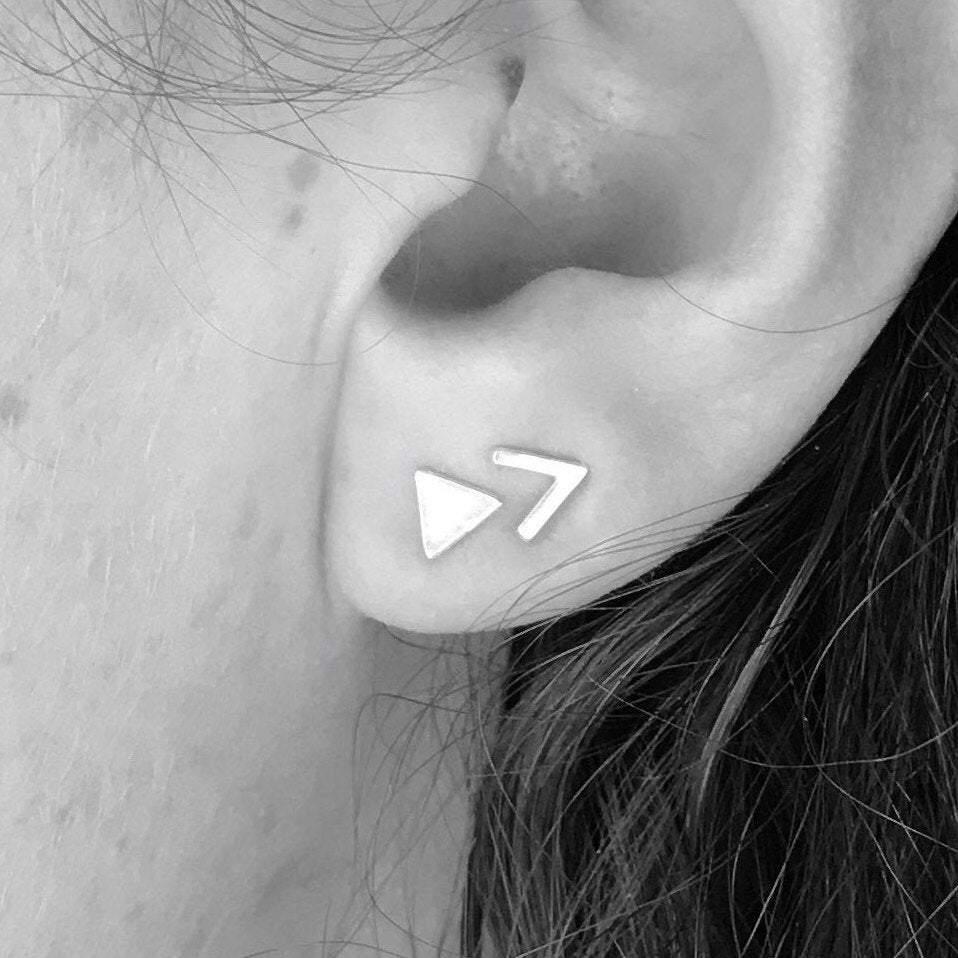 Tiny Silver Stud Earrings Chevron Angle Arrow 90 Degree 